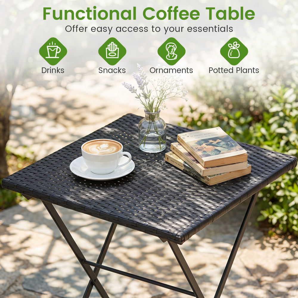 Functional coffee table made of black PE wicker, perfect for drinks, snacks, and decorations in outdoor spaces.
