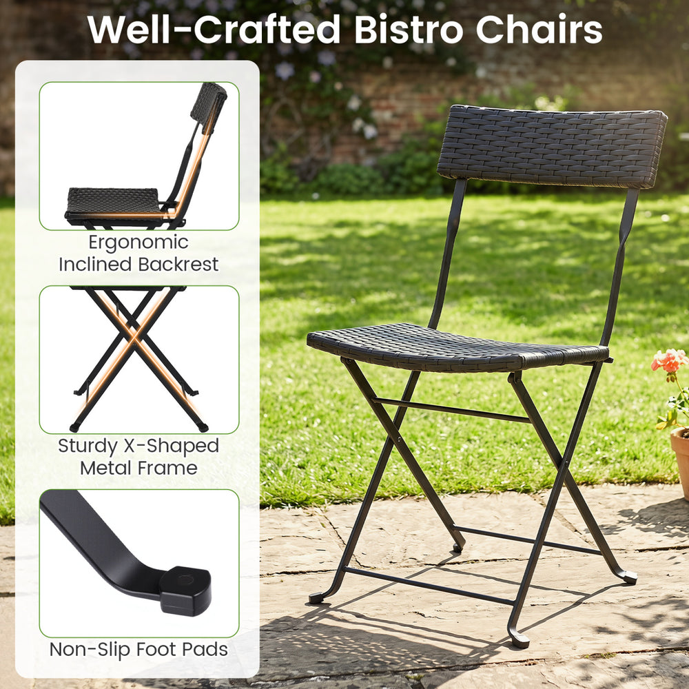 Black folding bistro chair with ergonomic backrest, sturdy X-shaped metal frame, ideal for patio or garden use.