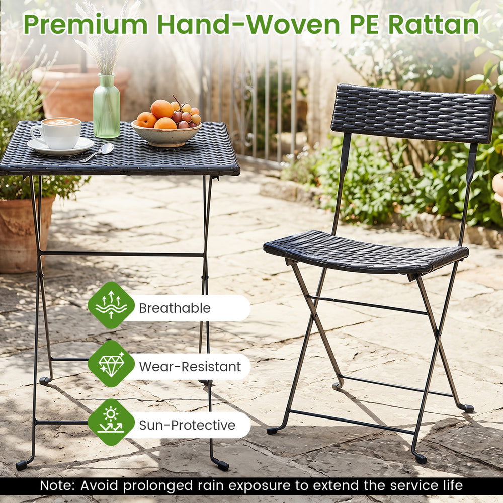 Folding bistro set featuring a black PE rattan table and chair with ergonomic design, ideal for outdoor patio use.