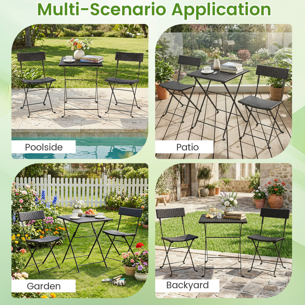 3-piece folding bistro set featuring black PE wicker and an X-shaped metal frame, perfect for patio or garden use.