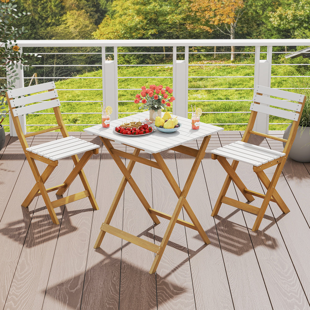 Folding patio bistro set featuring acacia wood chairs and square table, perfect for outdoor dining on the porch.