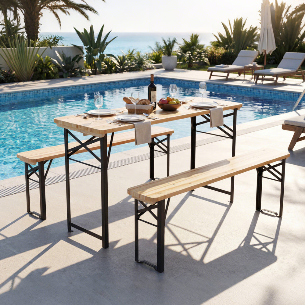 3-piece folding picnic table set with fir wood and metal frame, perfect for outdoor gatherings by the pool.