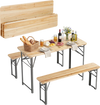 Folding picnic table set with fir wood surface and metal frame, seating up to 4 people for outdoor gatherings.