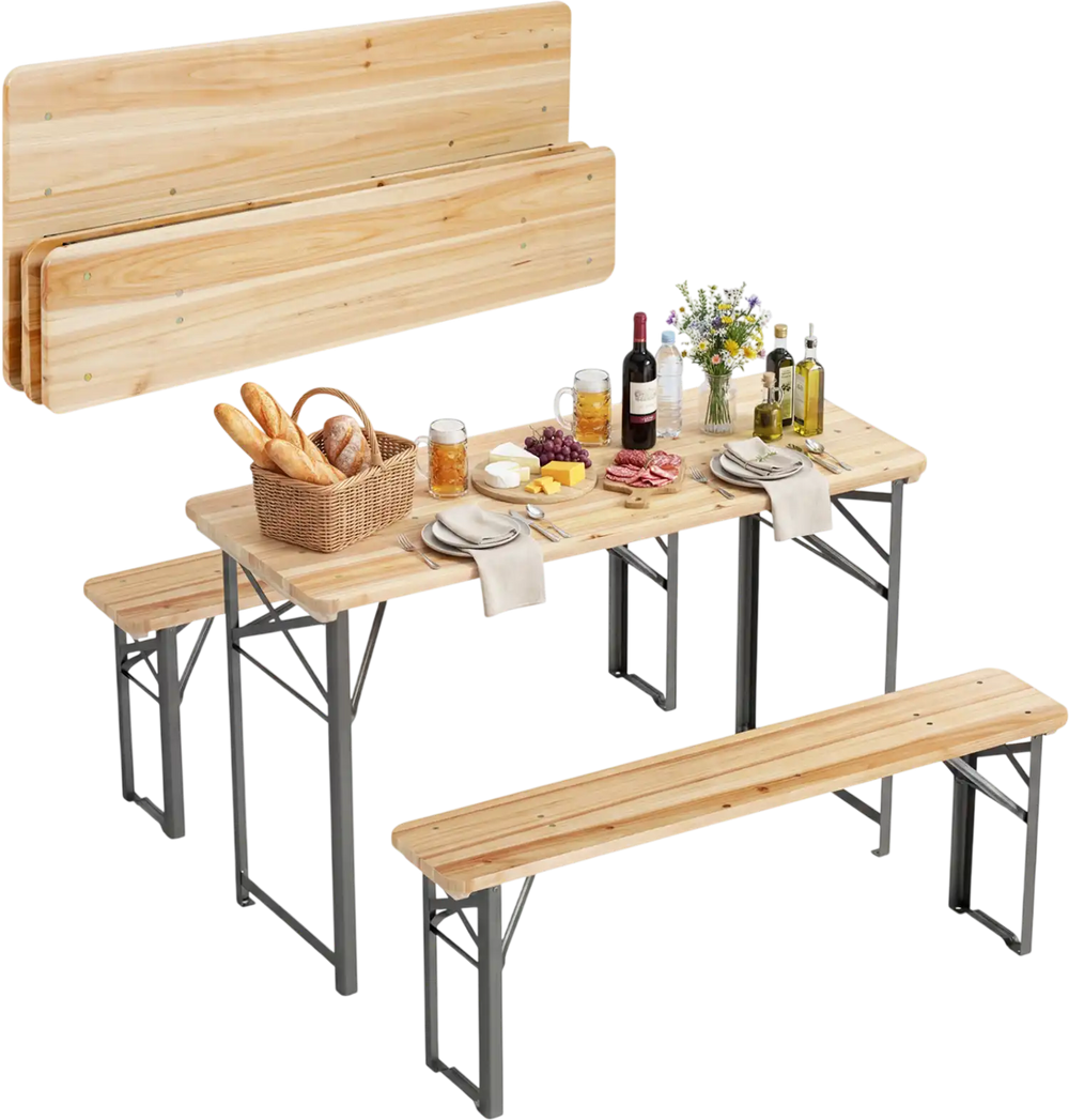 Folding picnic table set with fir wood surface and metal frame, seating up to 4 people for outdoor gatherings.