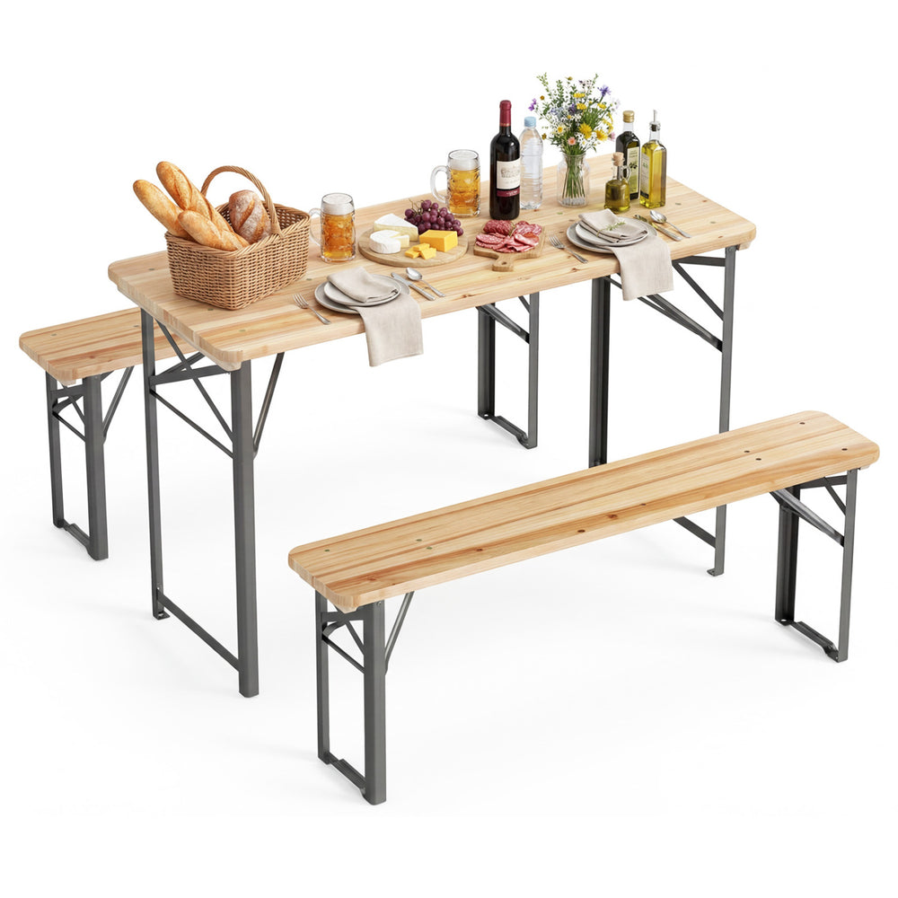 3-piece folding picnic table set with fir wood surface and metal frame, perfect for outdoor gatherings in patio or.