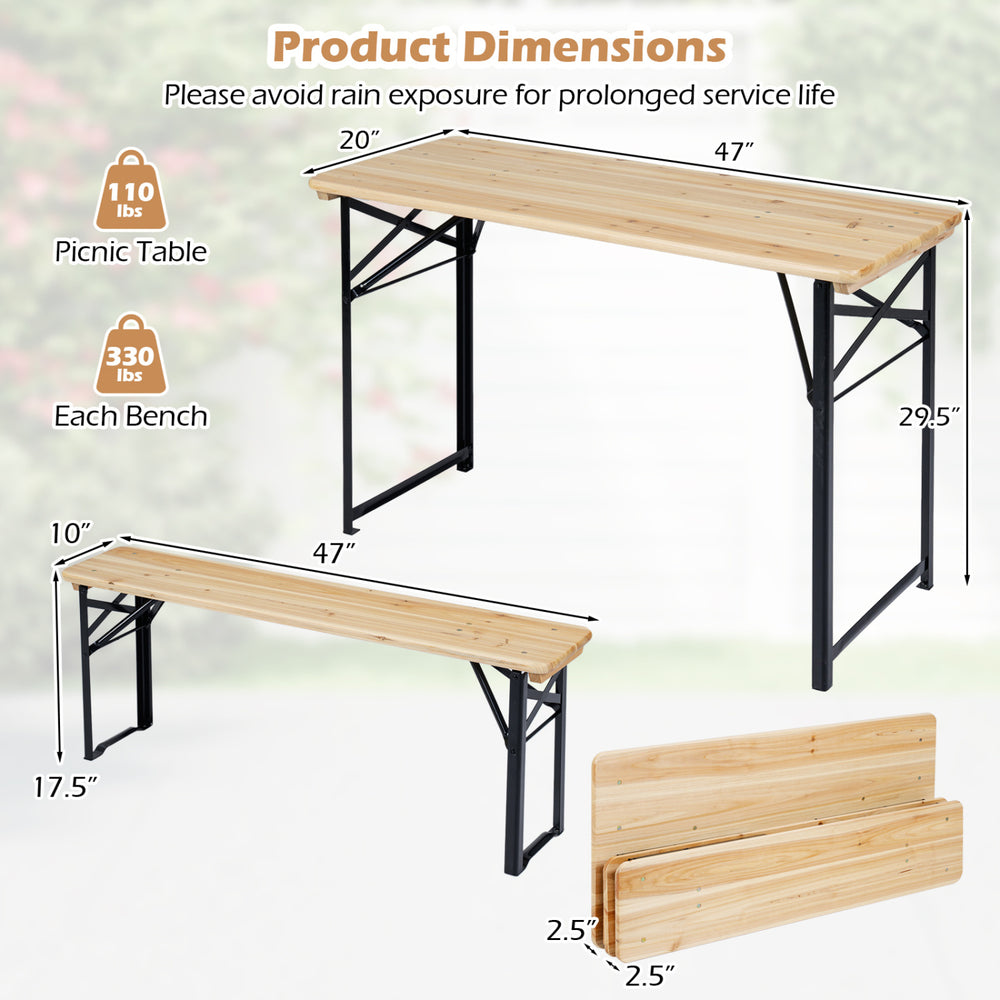 3-piece folding picnic table set with fir wood surface and sturdy metal frame, ideal for outdoor gatherings in the.