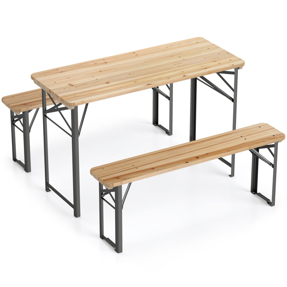 3-piece folding picnic table set with fir wood surface and sturdy metal frame, ideal for patio and backyard gatherings.
