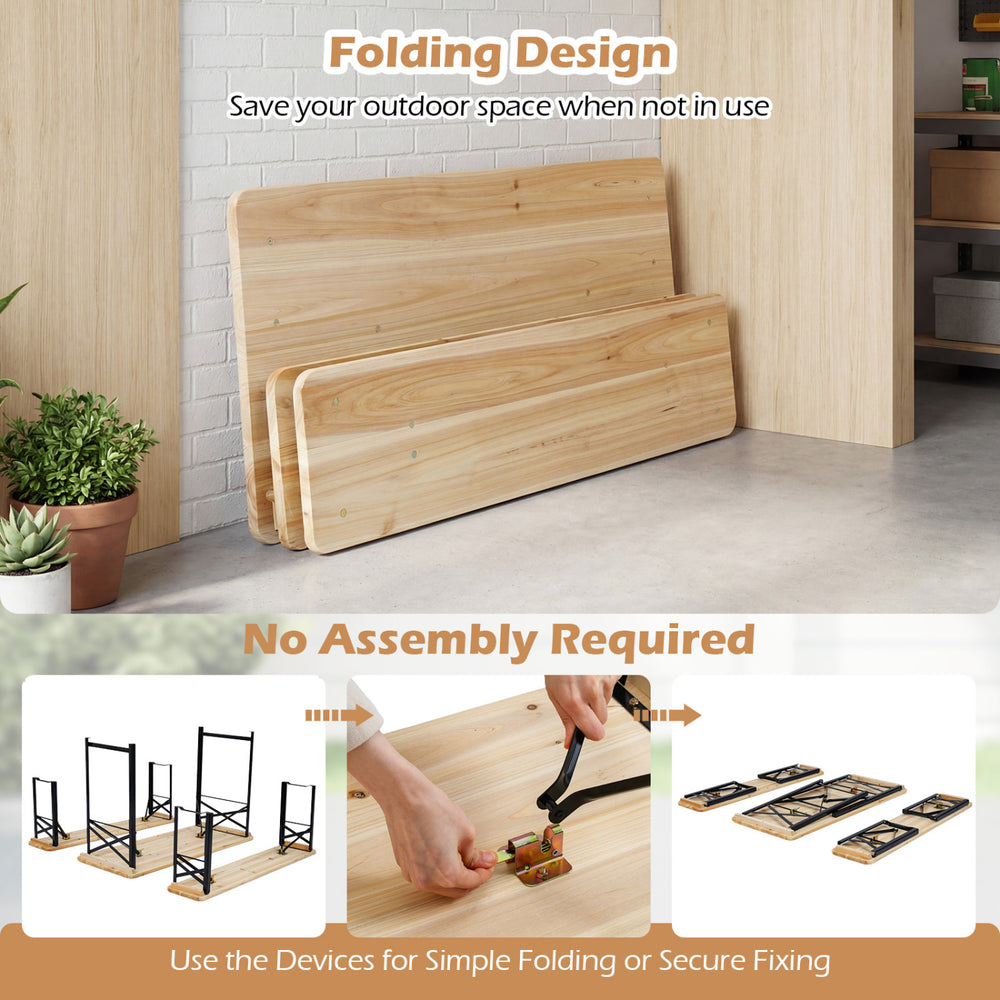 3-piece folding picnic table set in natural fir wood, portable design for outdoor gatherings, no assembly required.