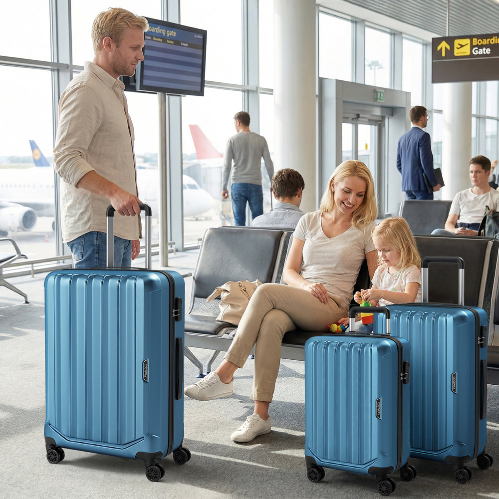 3-piece blue hardside luggage set with 20/24/28 inch sizes, featuring 360° spinner wheels and a 3-digit lock for secure.