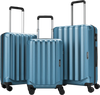 Three-piece blue hardside luggage set with 20, 24, and 28-inch sizes, featuring 360° spinner wheels and a 3-digit lock.