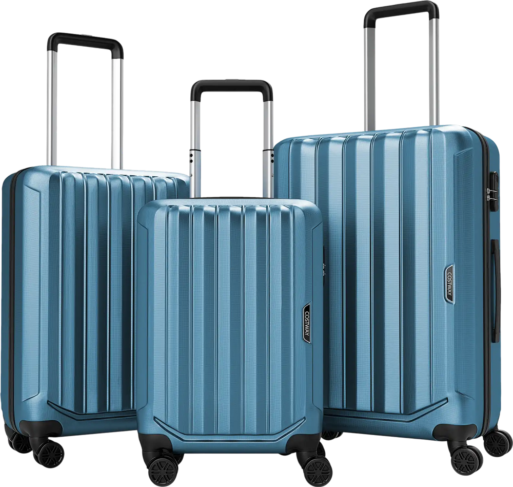 Three-piece blue hardside luggage set with 20, 24, and 28-inch sizes, featuring 360° spinner wheels and a 3-digit lock.