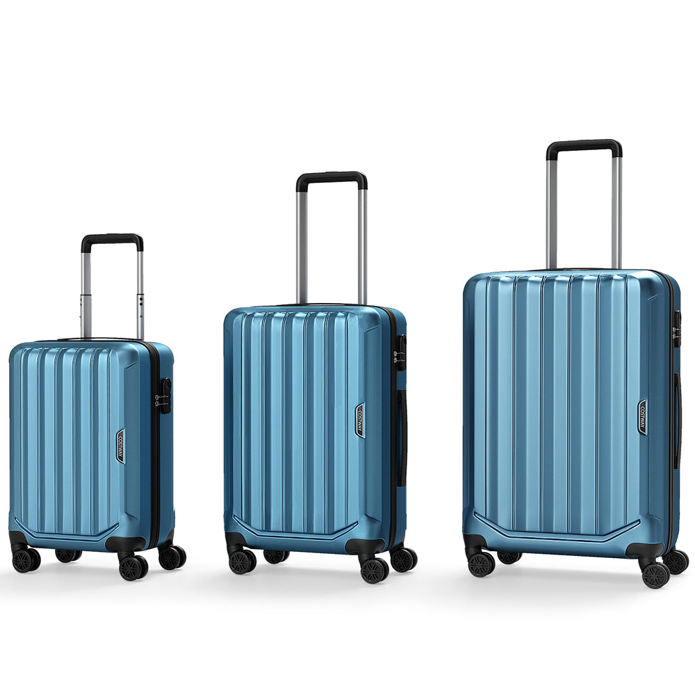 Three-piece blue hardside luggage set (20/24/28 inch) with 360° spinner wheels and secure 3-digit lock for travel.