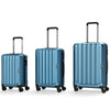 Three-piece blue hardside luggage set (20/24/28 inch) with 360° spinner wheels and secure 3-digit lock for travel.