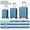 Three-piece blue hardside luggage set showing dimensions for 20, 24, and 28 inches, ideal for various travel needs.