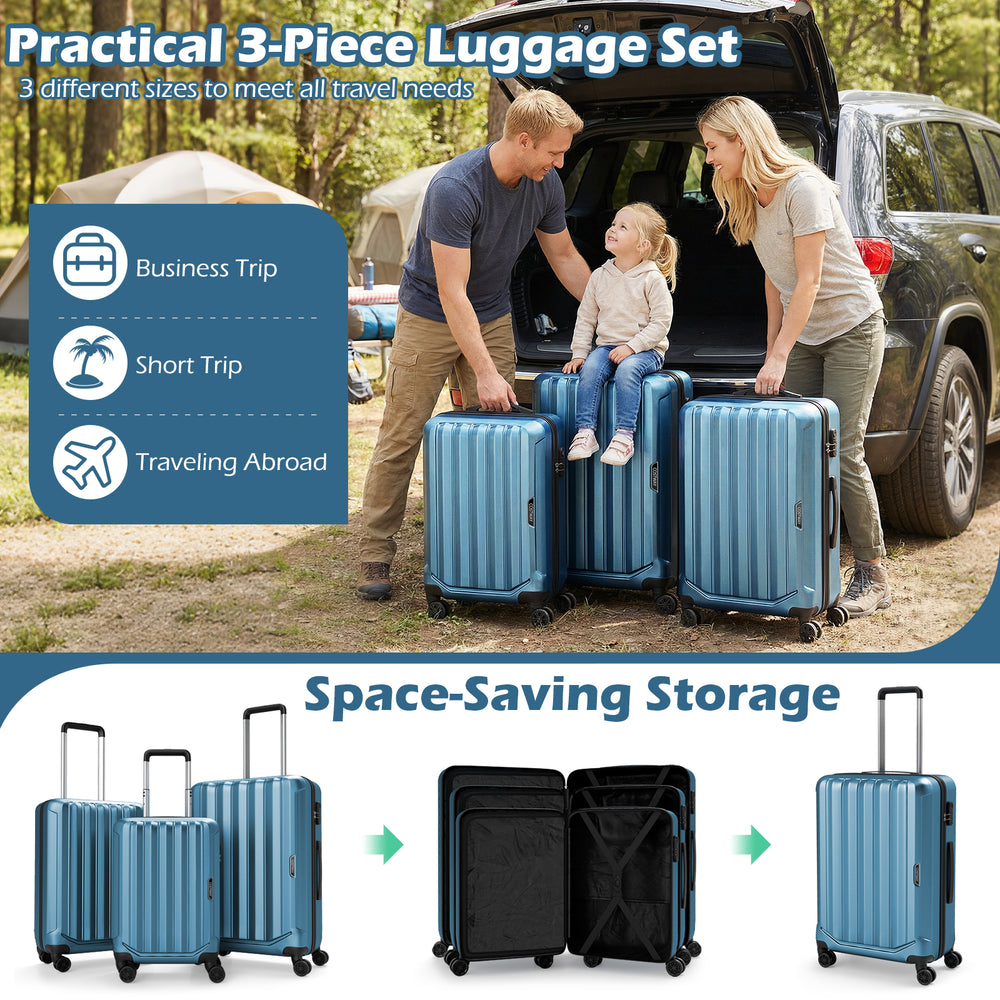 Three-piece blue hardside luggage set with nesting design for space-saving storage, featuring 360° spinner wheels.