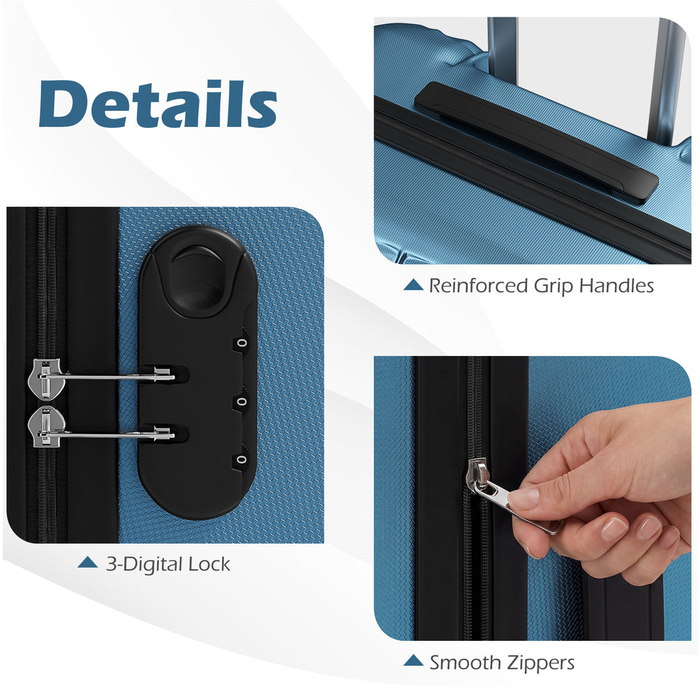 Reinforced grip handles and smooth zippers on the blue 3-piece hardside luggage set with a 3-digit lock.