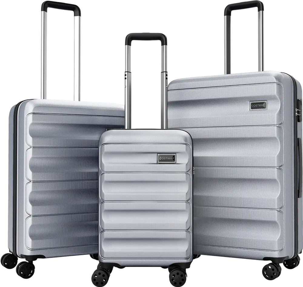 Three-piece gray hardside luggage set with 20, 24, and 28-inch suitcases featuring 360° spinner wheels for easy.