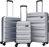 Three-piece gray hardside luggage set with 20, 24, and 28-inch suitcases featuring 360° spinner wheels for easy.
