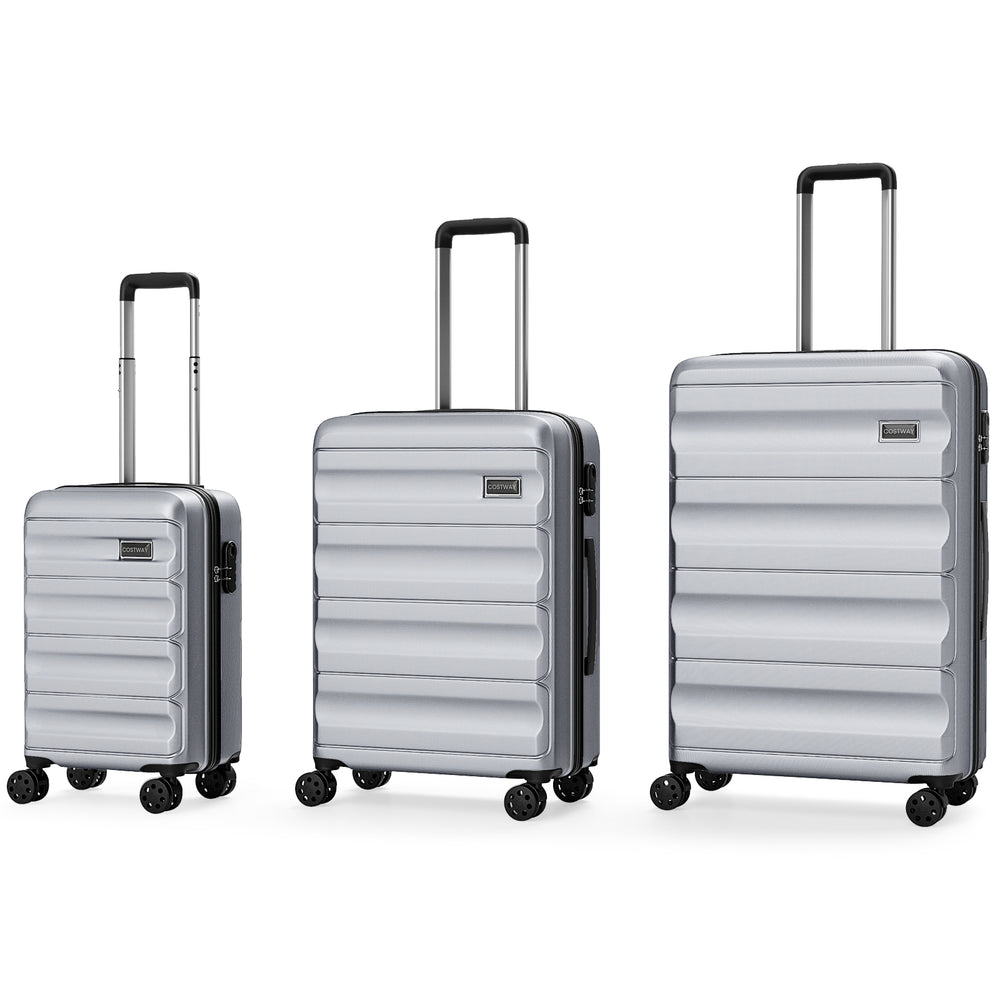 Gray 24-inch hardside suitcase from the 3-piece luggage set, featuring a scratch-resistant exterior and reinforced.