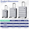3-piece gray hardside luggage set showing 20, 24, and 28-inch suitcases with dimensions and features for travel.