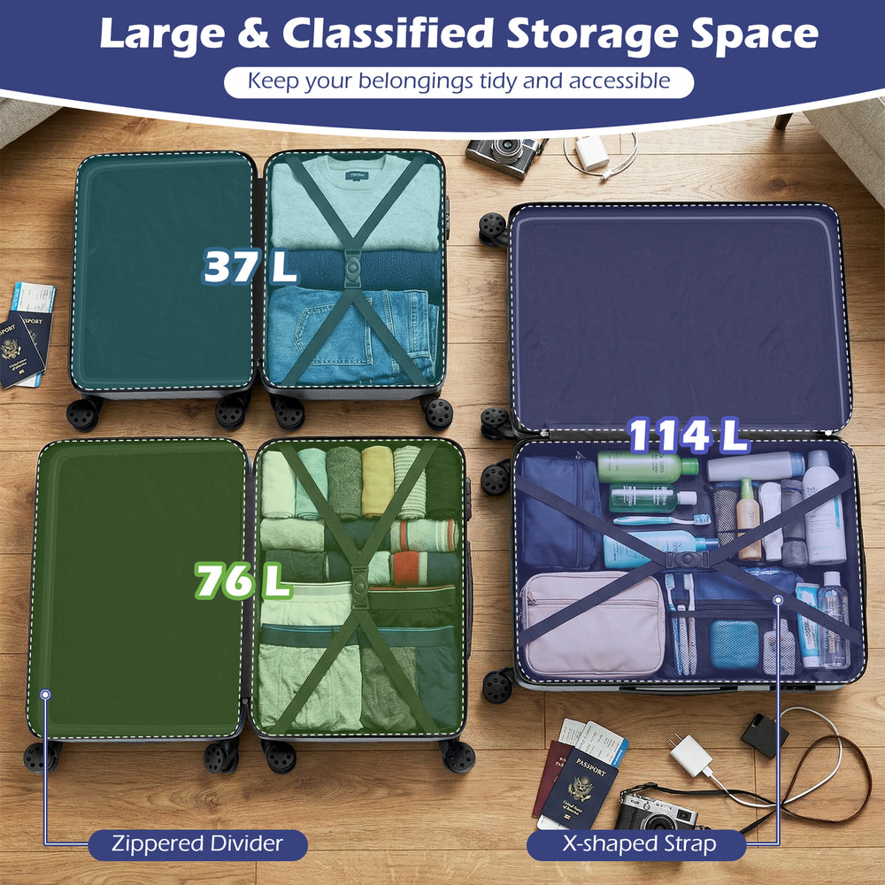 Three-piece gray hardside luggage set showcasing 20, 24, and 28-inch suitcases with multiple compartments for organized.