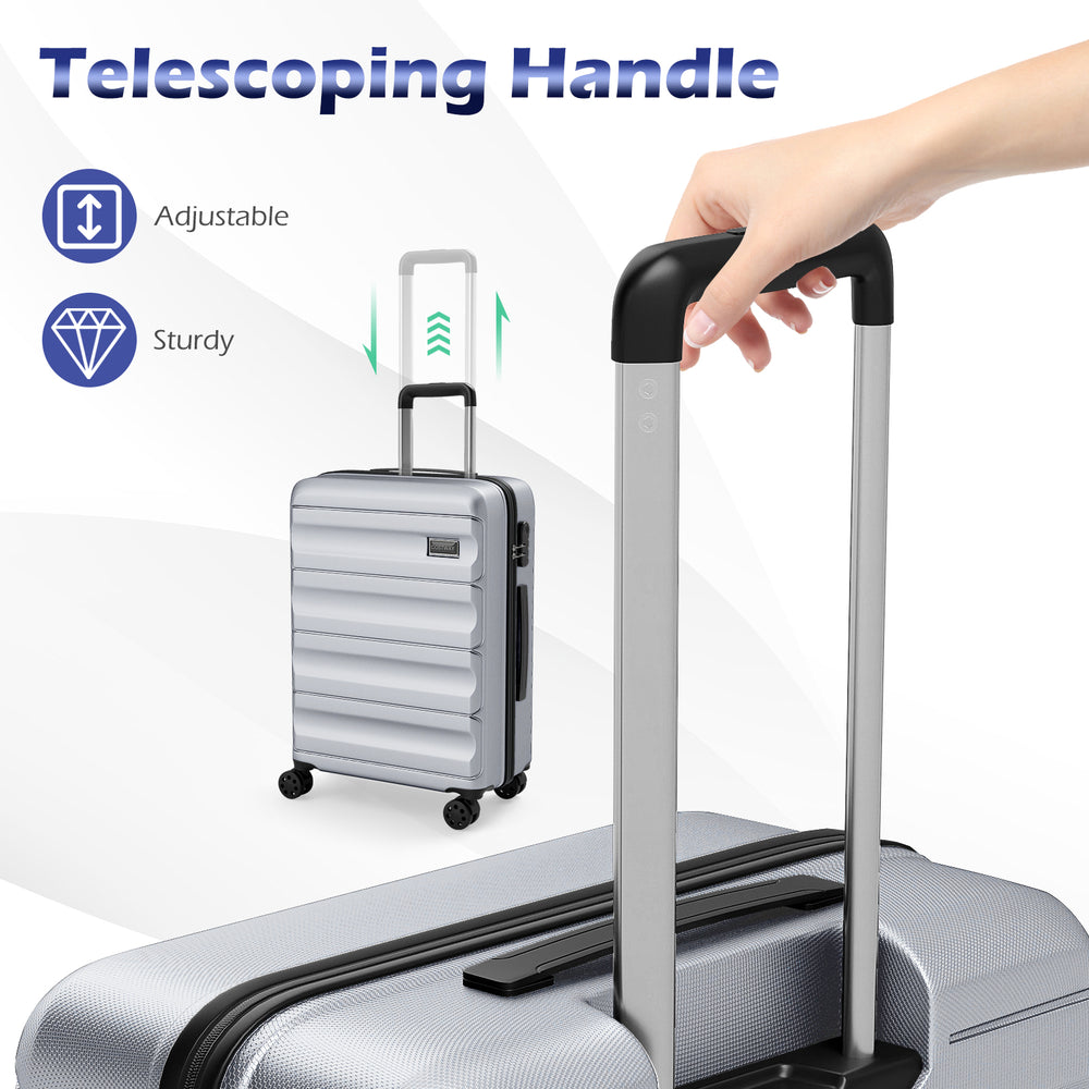 Telescoping handle of a gray 3-piece hardside luggage set, showcasing its sturdy and adjustable design for easy.