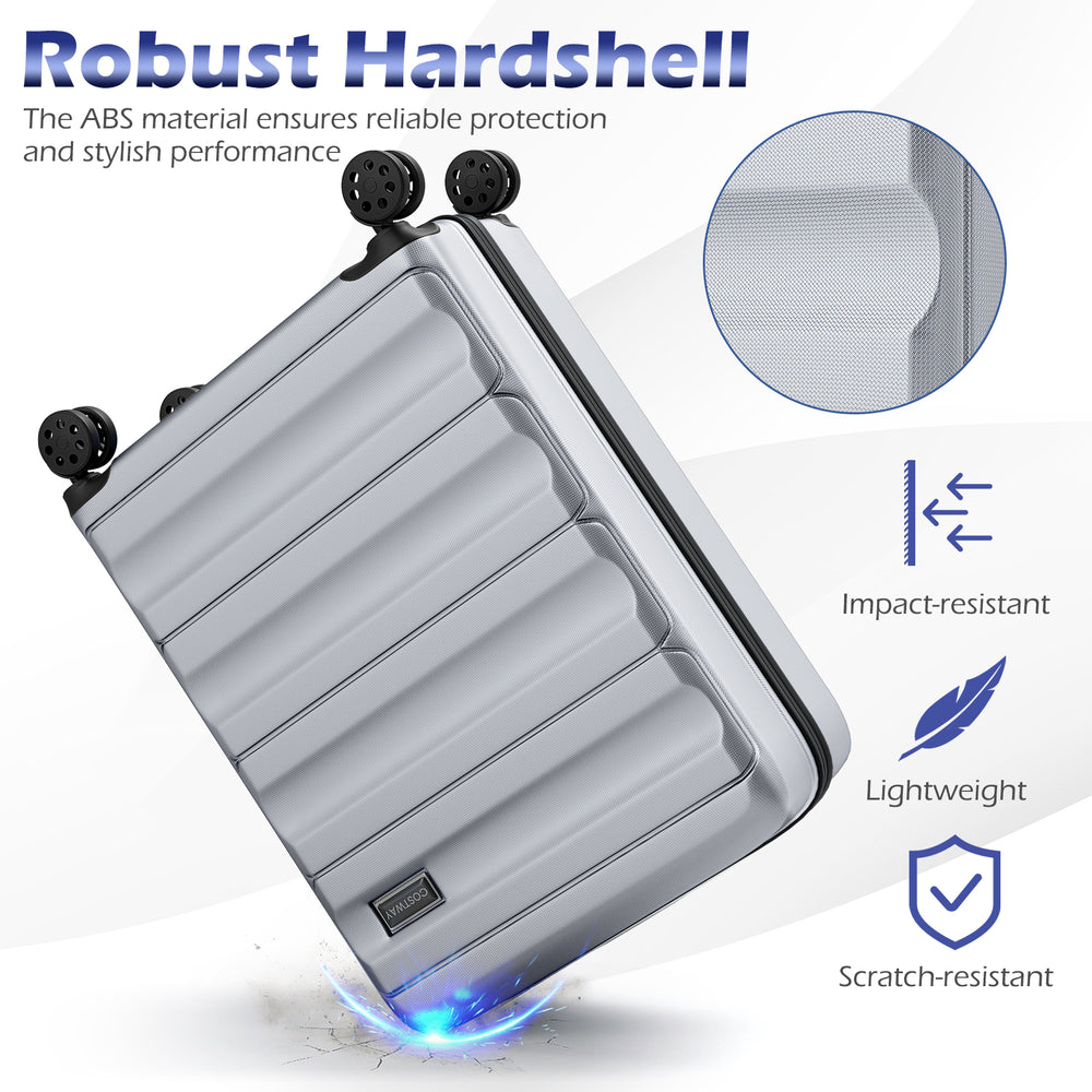 Gray 3-piece hardside luggage set showcasing the robust ABS material, impact-resistant design, and 360° spinner wheels.