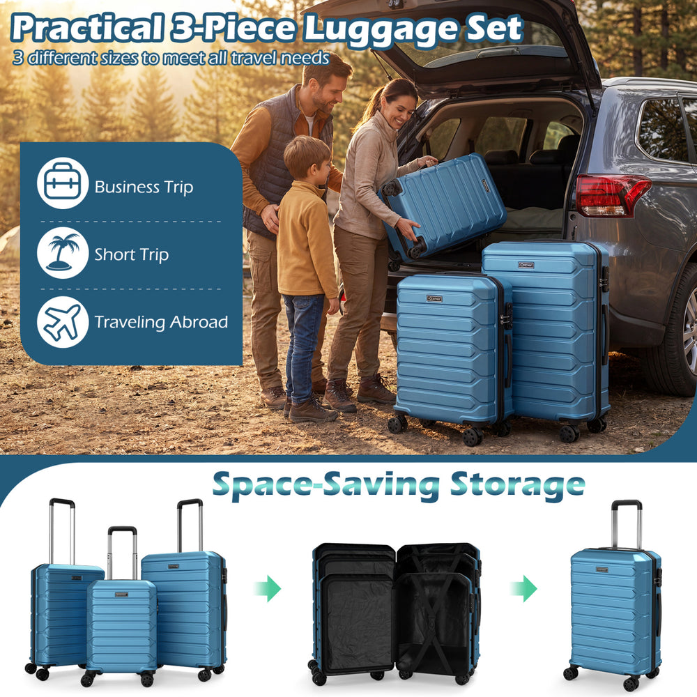 3-piece blue hardside luggage set with nesting design, 360° spinner wheels, and secure 3-digit lock for travel.