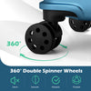 Close-up of 360° double spinner wheels on a blue hardside suitcase, ensuring smooth and silent movement for travel.