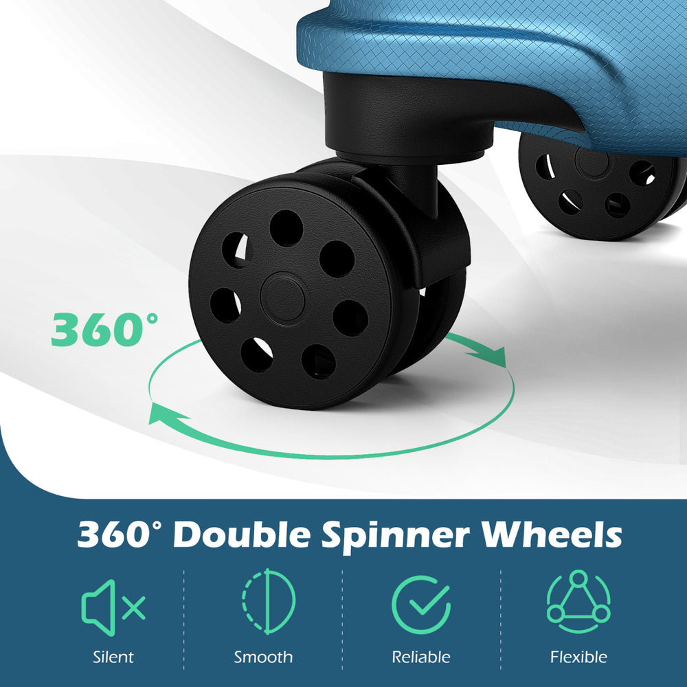 Close-up of 360° double spinner wheels on a blue hardside suitcase, ensuring smooth and silent movement for travel.