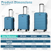 3-piece blue hardside luggage set showing dimensions, featuring 360° spinner wheels and durable ABS material for travel.