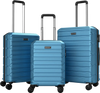 Three-piece blue hardside luggage set with 8-spinner wheels, featuring nesting design and durable ABS material for.
