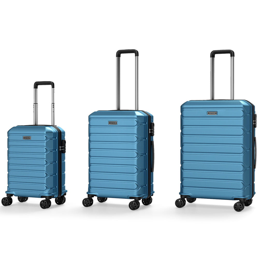 Three-piece blue hardside luggage set with 8-spinner wheels, featuring nesting design for space-saving storage.