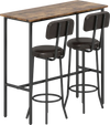 3-piece industrial bar table set with rustic brown tabletop and two upholstered stools, perfect for dining room use.