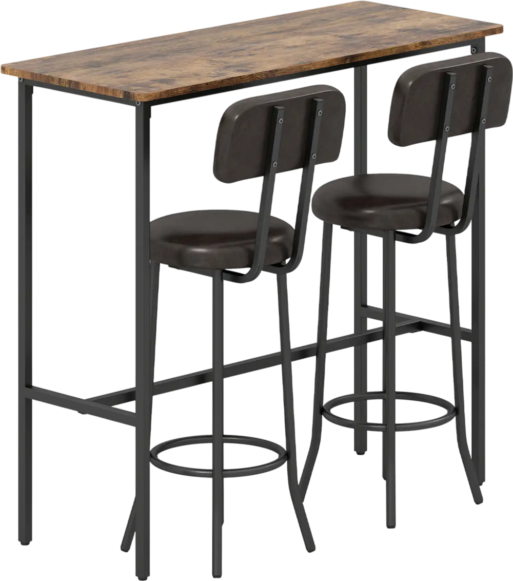 3-piece industrial bar table set with rustic brown tabletop and two upholstered stools, perfect for dining room use.