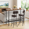 Industrial bar table with a rustic brown finish and two cushioned stools, ideal for compact dining areas.