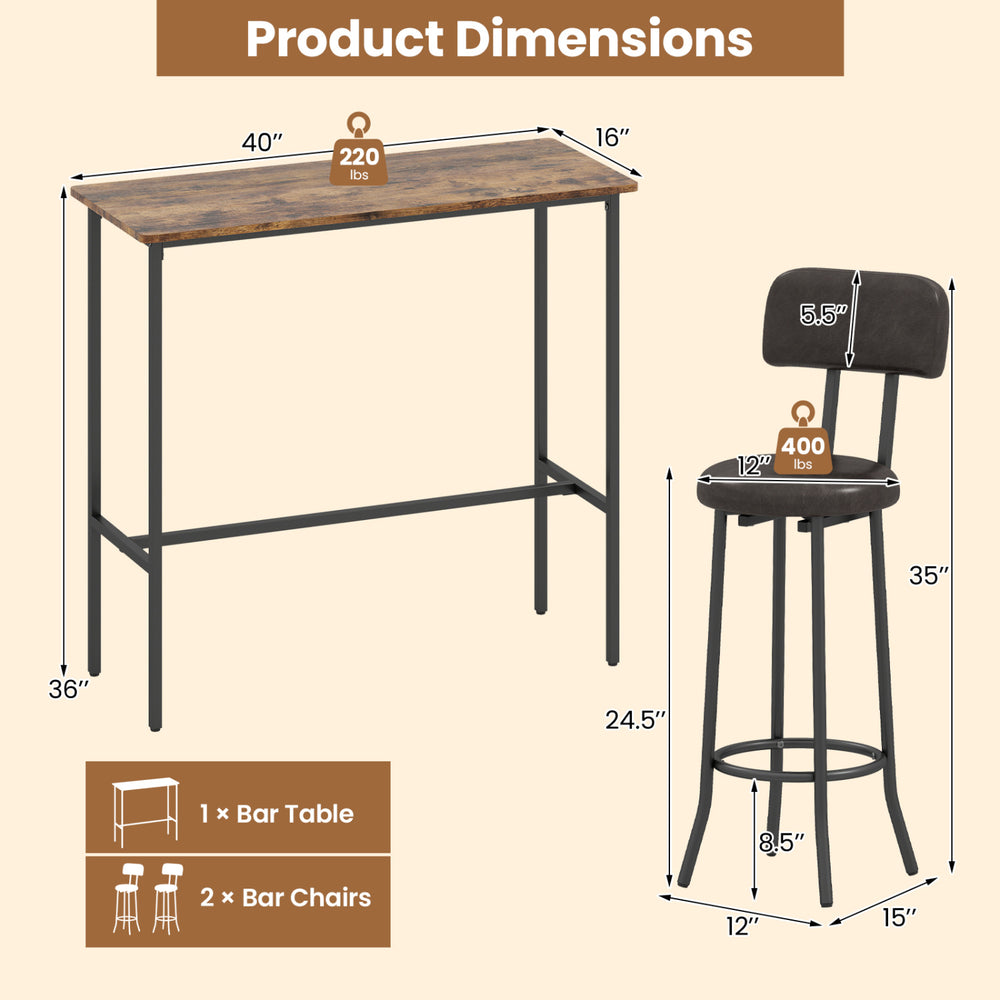 3-piece industrial bar table set featuring a rustic brown table and two upholstered stools with footrests for dining.