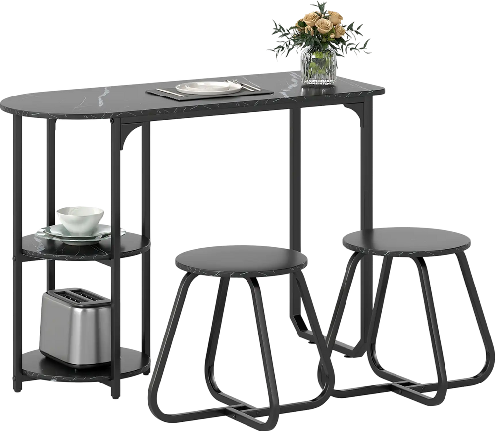 3-piece industrial dining table set in black with stools, featuring faux wood grain and space-saving design for small.