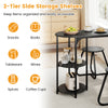 2-tier side storage shelves of a black industrial dining table set, ideal for organizing snacks, books, and tableware.