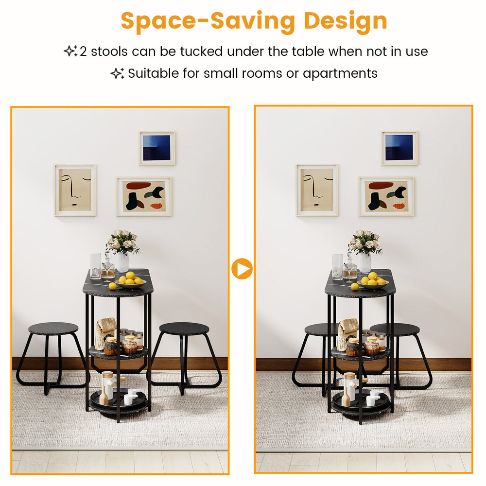3-piece industrial dining table set in black with stools tucked underneath, ideal for small spaces and apartments.