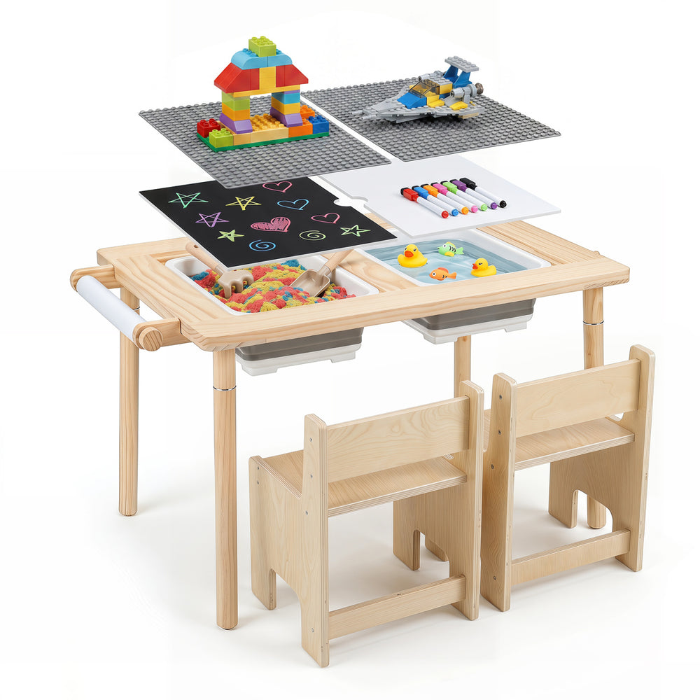 Kids activity table set with adjustable height, dual-sided panels, and removable storage bins for creative play.