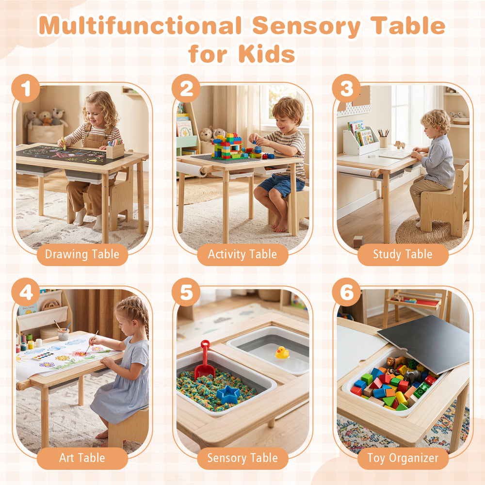 Kids activity table and chair set with adjustable height, featuring dual-sided panels and removable storage bins for play.