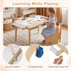 Kids activity table and chair set with adjustable height, featuring cut-out handles and storage hooks for versatile play.