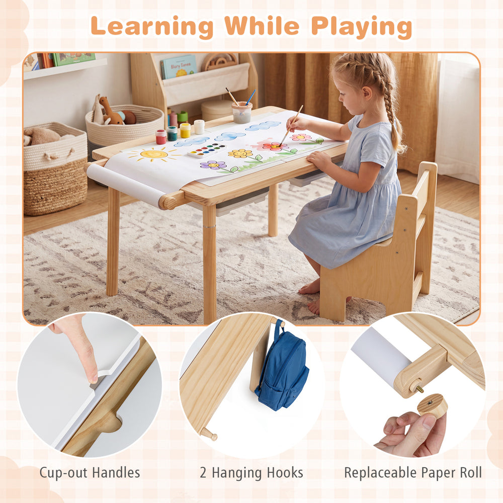 Kids activity table and chair set with adjustable height, featuring cut-out handles and storage hooks for versatile play.