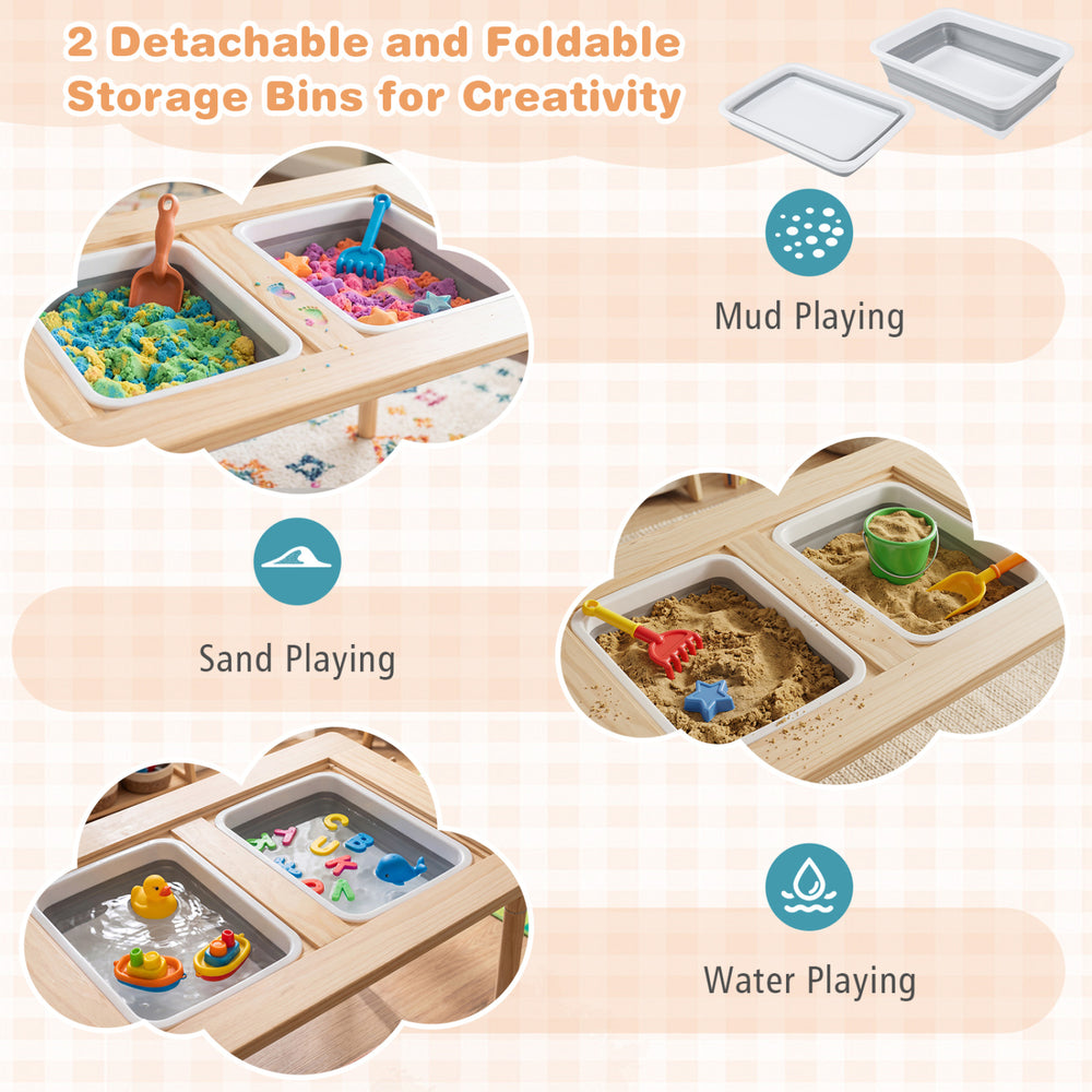 Detachable storage bins for sensory play, sand, and water included with the 3-piece adjustable height kids activity table set.