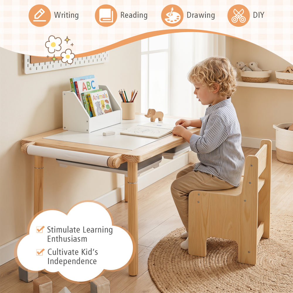 Kids activity table and chair set with adjustable height, solid wood legs, and dual-sided tabletop for versatile play.