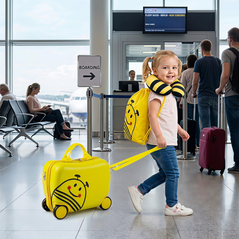Kids carry-on luggage set featuring a cheerful bee design, including a suitcase, backpack, and comfortable headrest for travel.