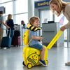 Kids carry-on luggage set featuring a cheerful bee design, complete with a headrest and backpack for comfortable travel.