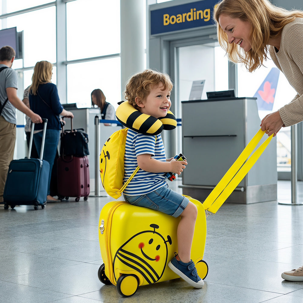Kids carry-on luggage set featuring a cheerful bee design, complete with a headrest and backpack for comfortable travel.