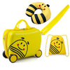 Bright yellow 3-piece kids carry-on luggage set features a bee design, including a suitcase, headrest, and backpack for travel.